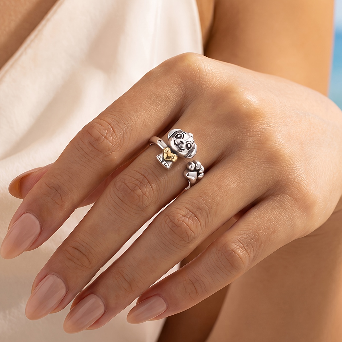Women's Puppy Hugging Heart Open Ring, Daily Versatile Fashion